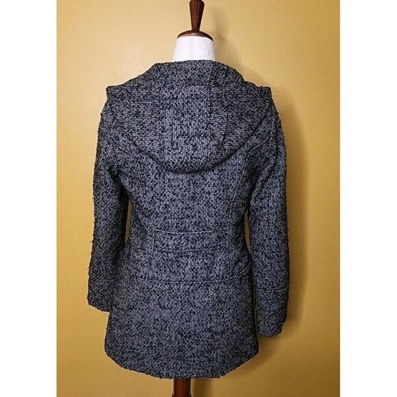 d.e.t.a.i.l.s. INTL Womens Pea Coat Medium Lined Hooded Button Up Black White - Picture 2 of 9